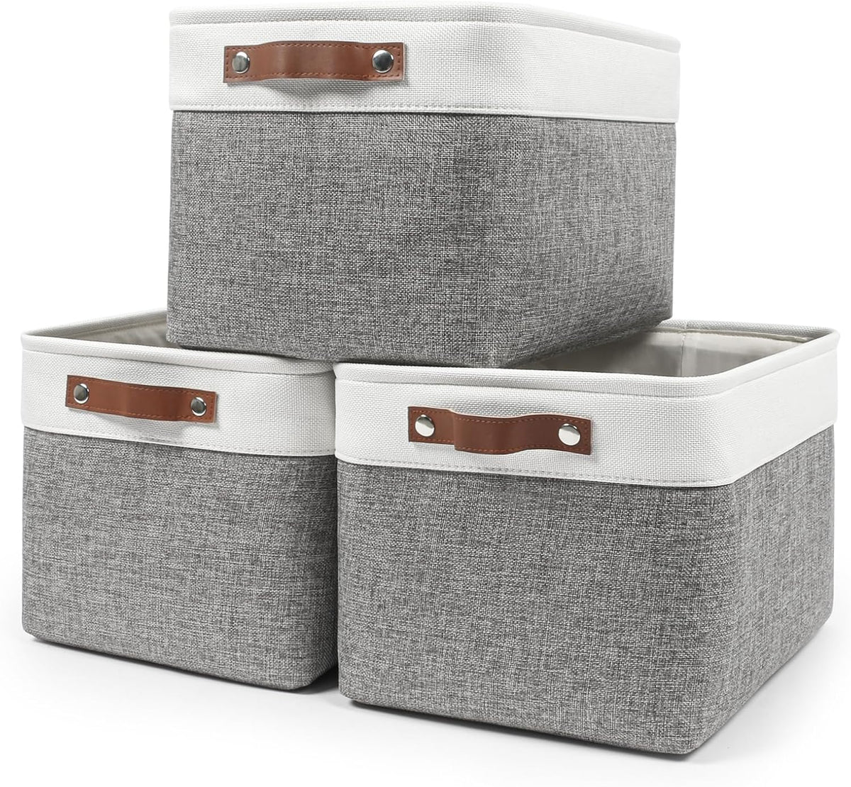 Bagnizer Large Fabric Storage Baskets | 50L Storage Bins, Decorative Linen Closet Baskets with Handles for Organizing, Shelf, Toys, Clothes, Home, Office, Nursery, 17x12x15Inches (Grey&White)