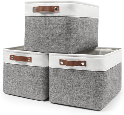 Bagnizer Large Fabric Storage Baskets | 50L Storage Bins, Decorative Linen Closet Baskets with Handles for Organizing, Shelf, Toys, Clothes, Home, Office, Nursery, 17x12x15Inches (Grey&White)