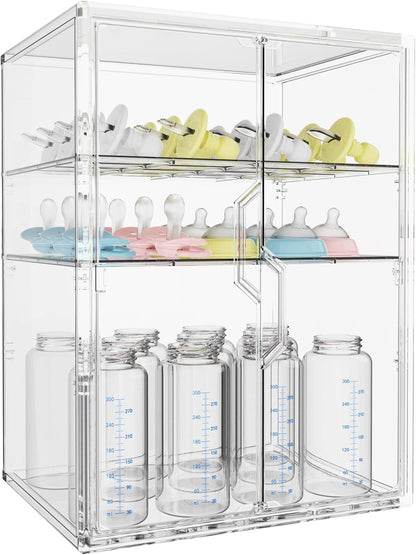 Baby Bottle Organizer, 3 Tiers Adjustable Bottle Storage Container for Countertop, Acrylic Bottle Station with 2 Removable Dividers and Double Magnetic Doors, Suitable for Kitchen Bathroom Vanity