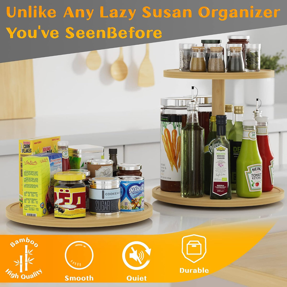 Lazy Susan Organizer Homerays 12 Inch Non-Skid Bamboo Lazy Susan for Kitchen Rotating Spice Rack with Handles, Wood Turntable for Kitchen Cabinet,Countertop (Bamboo, Medium)