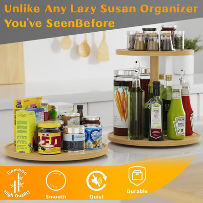 Lazy Susan Organizer Homerays 12 Inch Non-Skid Bamboo Lazy Susan for Kitchen Rotating Spice Rack with Handles, Wood Turntable for Kitchen Cabinet,Countertop (Bamboo, Medium)
