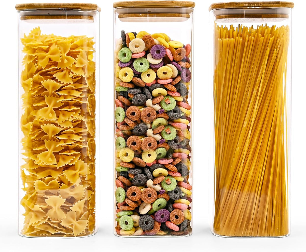 SHOWIN Glass Food Storage Jars Square 37oz, 4 Pack Glass Jars With Bamboo Lids, Kitchen Storage Containers For Spice, Candy, Cookie, Storage For Pantry Organizers