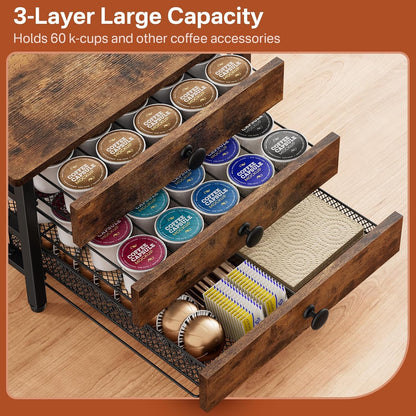 Coffee Pod Holder for Countertop, 3 Tier K Cup Holder Drawer, Coffee Bar Organizer 60 Coffee Pods Storage Organizer with Sliding Drawer for Coffee Station