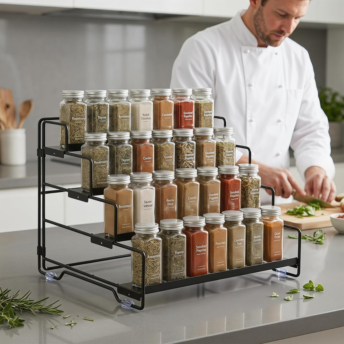 Spice Rack Organizer for Cabinet, Tiered Adjustable Spice Shelf Organization, Metal Seasoning Rack for Kitchen Countertop Cupboard Pantry, Raised Edge Anti-Slip Design for Jars and Bottles