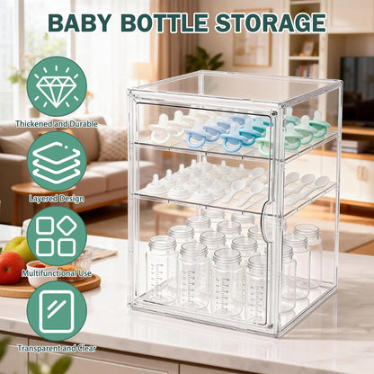 Baby Bottle Organizer, 3-Tier Bottle Storage for Countertop with Double Magnetic Doors, Clear Plastic Bottle Station Organizer Mom Gifts with 2 Dividers for Kitchen, Bathroom, Cabinet, Vanity