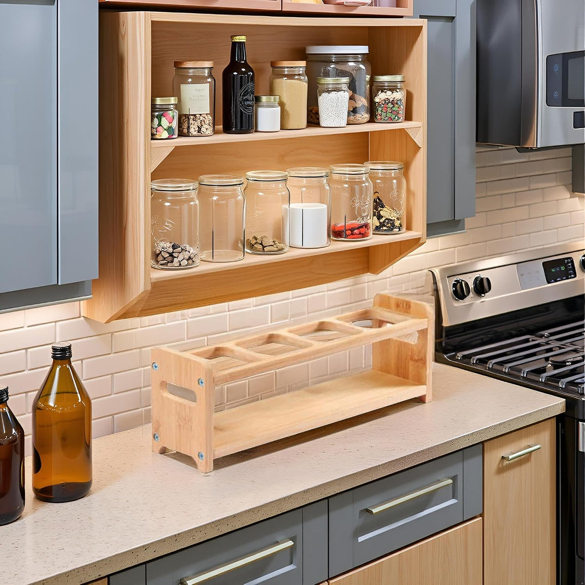 Pssopp Oil Bottle Rack,Wooden Kitchen Organizer Shelf Rack with Anti Slip Rubber Pad 4 Hole Olive Oil Dispenser Shelf Oil Bottles Storage Shelf for Kitchen Cabinet (Round Slots)