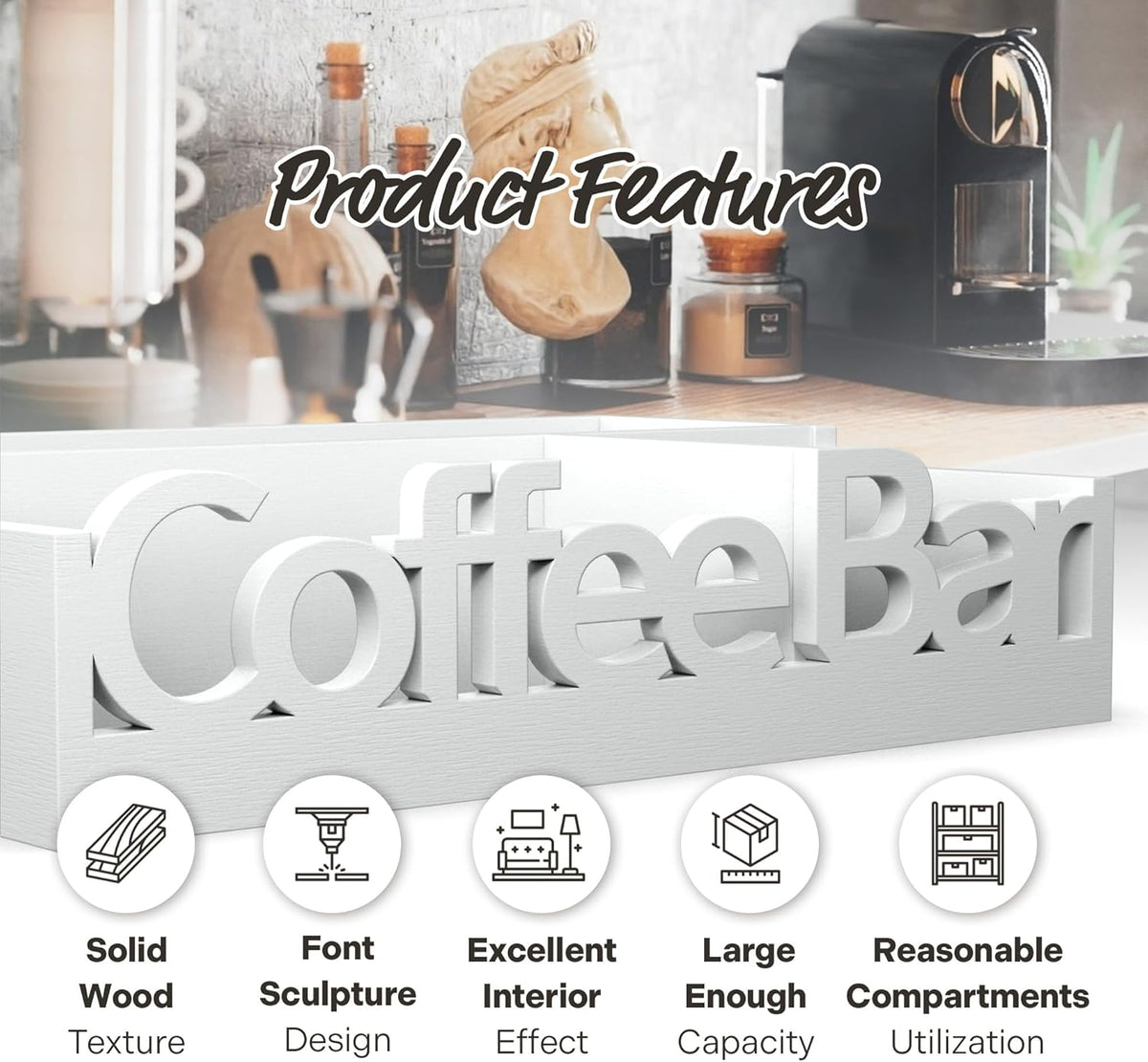 Coffee Bar Organizer for Countertop – Wooden Coffee Caddy with Compartments for Pods, Sugar Packets, and Accessories – Coffee Condiment Station Storage for Home and Office (Black)