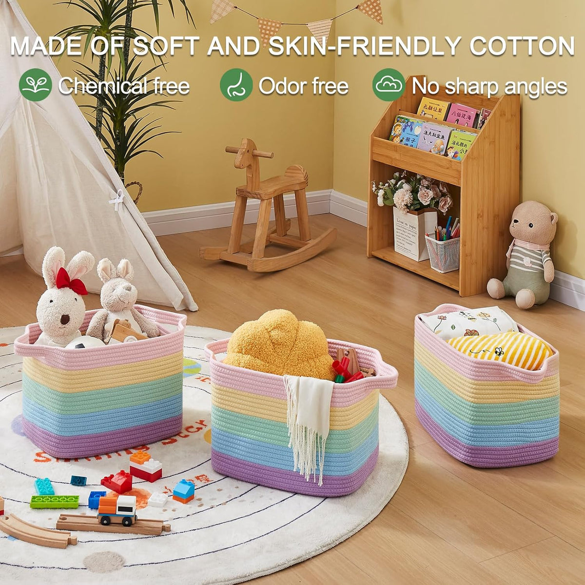 OIAHOMY Storage Basket, Woven Baskets for Storage, Cotton Rope Basket for toys,Towel Baskets for Bathroom - Pack of 3, Gradient Yellow