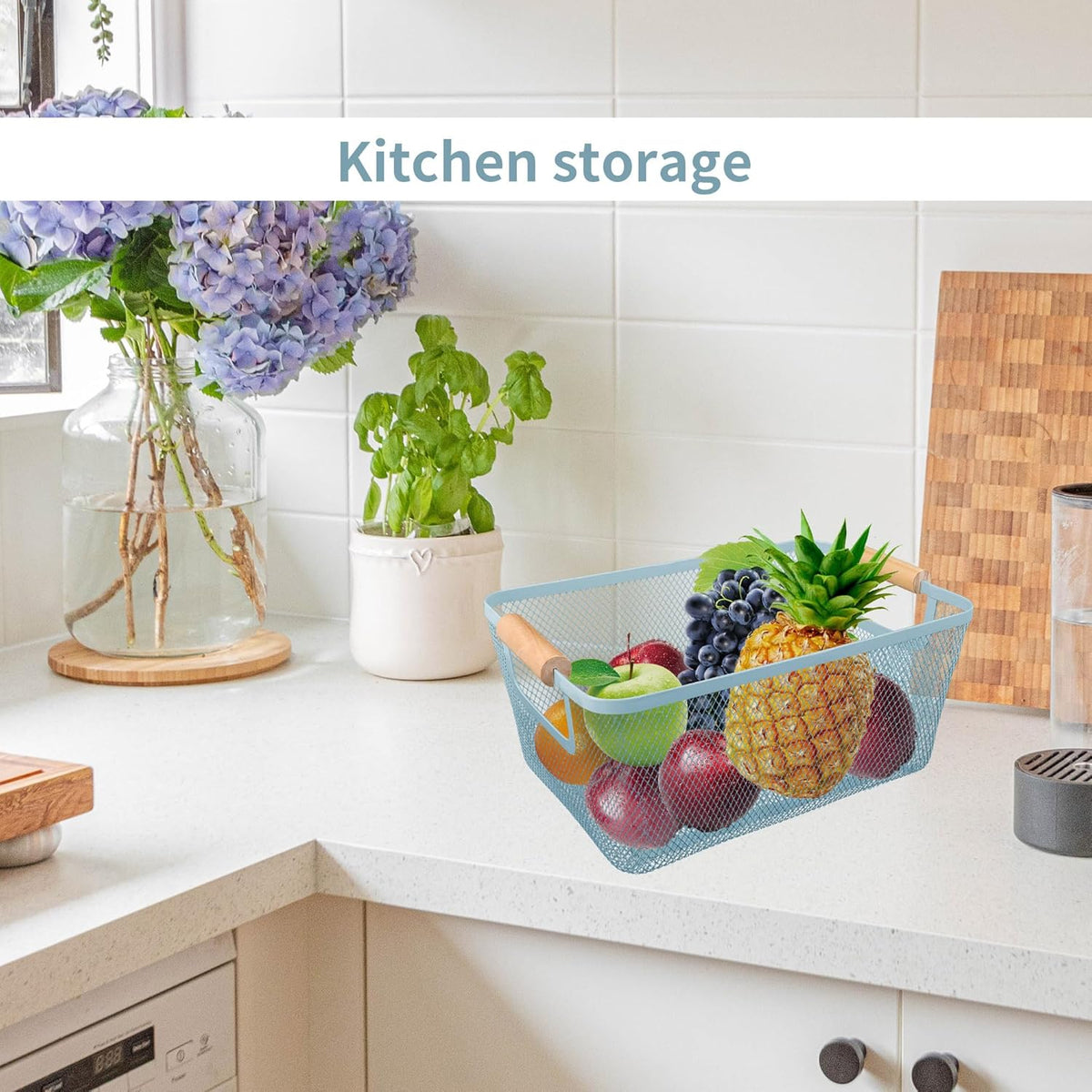 2 Pack 12" Wide Metal Mesh Baskets with Bamboo Handles for Pantry Organization | Wire Storage Bins for Kitchen, Cabinet, Fruit & Snacks | Decorative Farmhouse Style Organizer