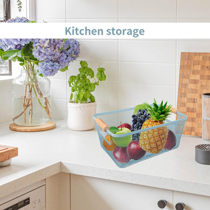 2 Pack 12" Wide Metal Mesh Baskets with Bamboo Handles for Pantry Organization | Wire Storage Bins for Kitchen, Cabinet, Fruit & Snacks | Decorative Farmhouse Style Organizer