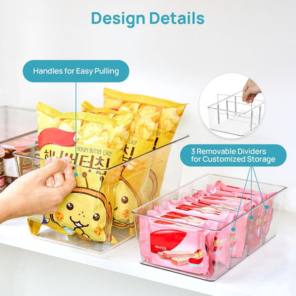 Vtopmart 8 Pack Clear Plastic Storage Bins Set, 4 Large Pantry Organizer Bins with Lids & Handles and 4 Medium Snack Organizer Bins with 4-Compartment for Pantry, Kitchen, Fridge, Cabinet Organization