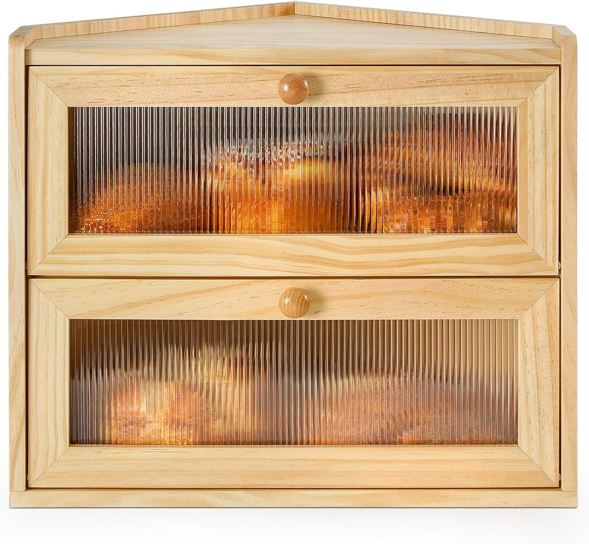 Sunhoo Bread Box for Kitchen Countertop Corner Large Wooden Bread Bin 2 Tier Rustic Food Storage Container with Acrylic Window Farmhouse Keeper Shelf Organizer for Loaves Pastries & Snacks (Brown)