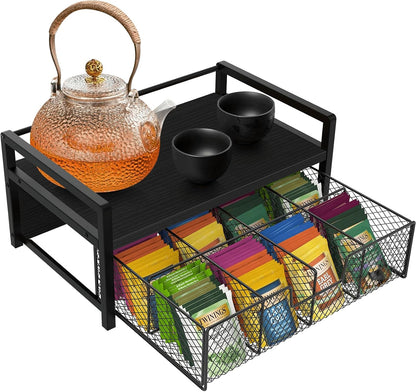 Homode Tea Bag Organizer, Wood Tea Organizers and Storage Chest, Teabag Holder with Storage Drawer,Tea Station Chest Display Container Box for Countertop Kitchen, Rustic Brown