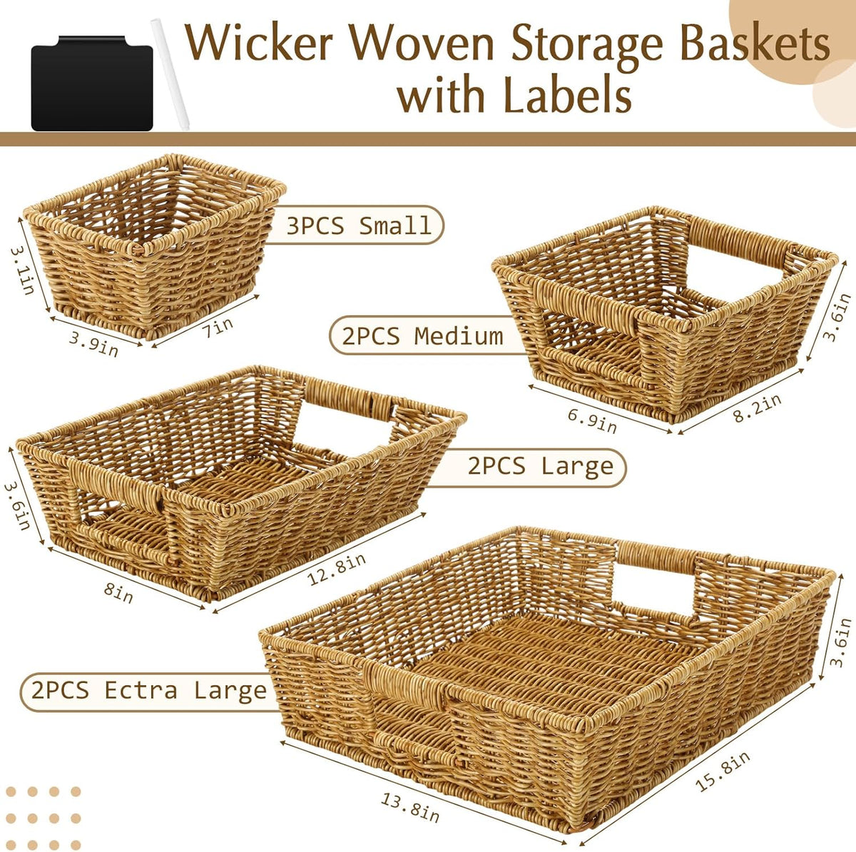 Marsui 9 Pcs Wicker Storage Baskets for Pantry Organization with Handle Labels Handwoven Multi-size Dark Brown Small Organizer Baskets Storage Bin Container for Shelves Closet Toilet Christmas Holiday