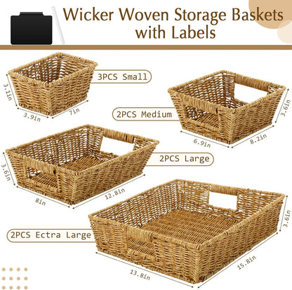 Marsui 9 Pcs Wicker Storage Baskets for Pantry Organization with Handle Labels Handwoven Multi-size Dark Brown Small Organizer Baskets Storage Bin Container for Shelves Closet Toilet Christmas Holiday
