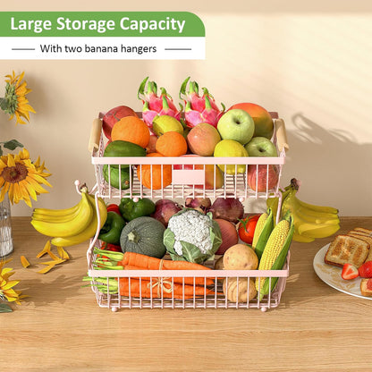 2 Tier Fruit Basket for Kitchen Counter with 2 Banana Hangers, Countertop Metal Bread Basket with Wooden Handle, Large Storage Stand for Vegetables, Snacks, Eggs, Produce Storage – Black