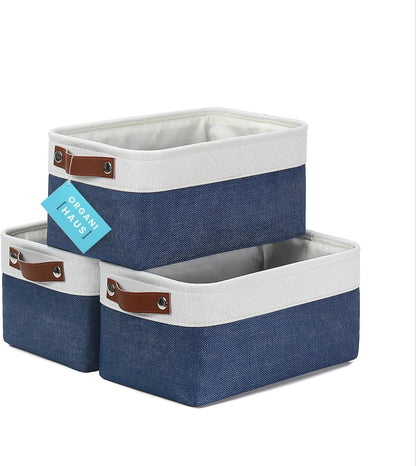 OrganiHaus 12x8in Canvas Storage Baskets 3 Pack | SMALL Fabric Bins for Shelves | Pantry & Bathroom Organizer | Beige/Off-White