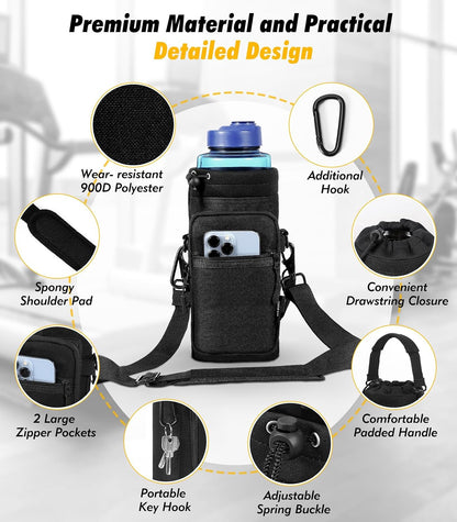 Nuovoware Water Bottle Carrier Bag,25oz/40oz/64oz Bottle Pouch Holder,Adjustable Shoulder Hand Strap 2 Pocket Sling Neoprene Sleeve Sports Accessories for Hiking Travelling Camping