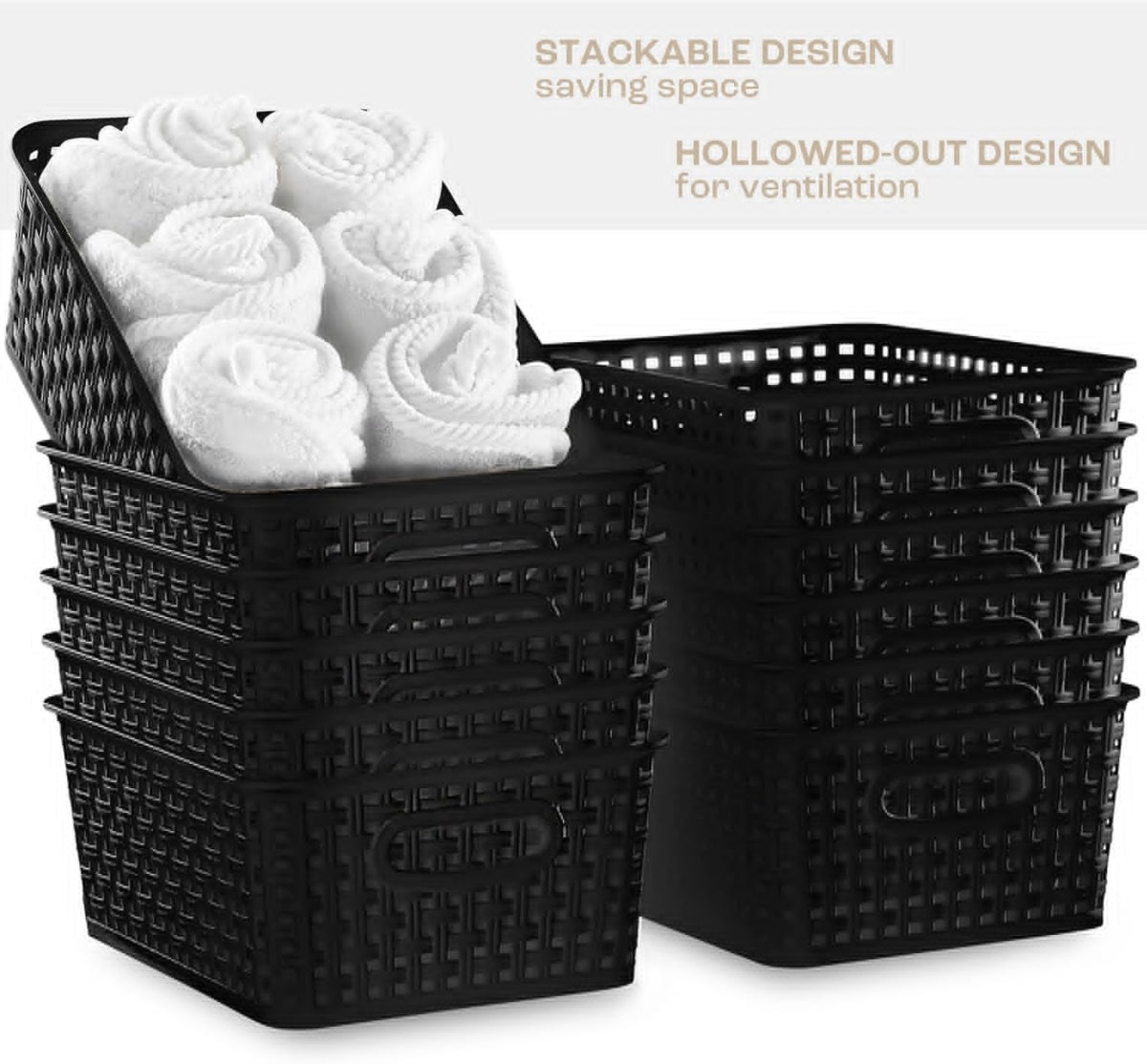Khaki Stackable Storage Baskets, Plastic Weave Basket Organizer and Storage Set of 12, Pantry Organizing Baskets for Shelves, Kitchens, Bathrooms, Classrooms, Cabinets and Bedrooms