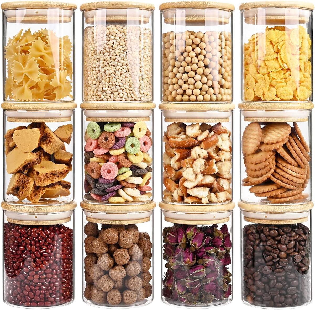 SHOWIN Glass Food Storage Jars Square 37oz, 4 Pack Glass Jars With Bamboo Lids, Kitchen Storage Containers For Spice, Candy, Cookie, Storage For Pantry Organizers