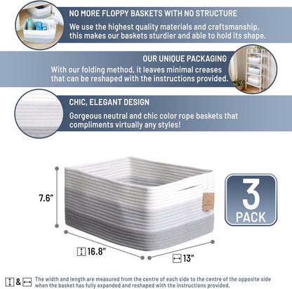 NaturalCozy Storage Baskets 16.8”x13”x7.6” Cotton Rope Woven Baskets for Organizing 3-Pack | Toy Storage Bins | Basket for Shelves, Laundry, Blanket, Clothes, Closet, Kitchen, Bathroom, Gifts