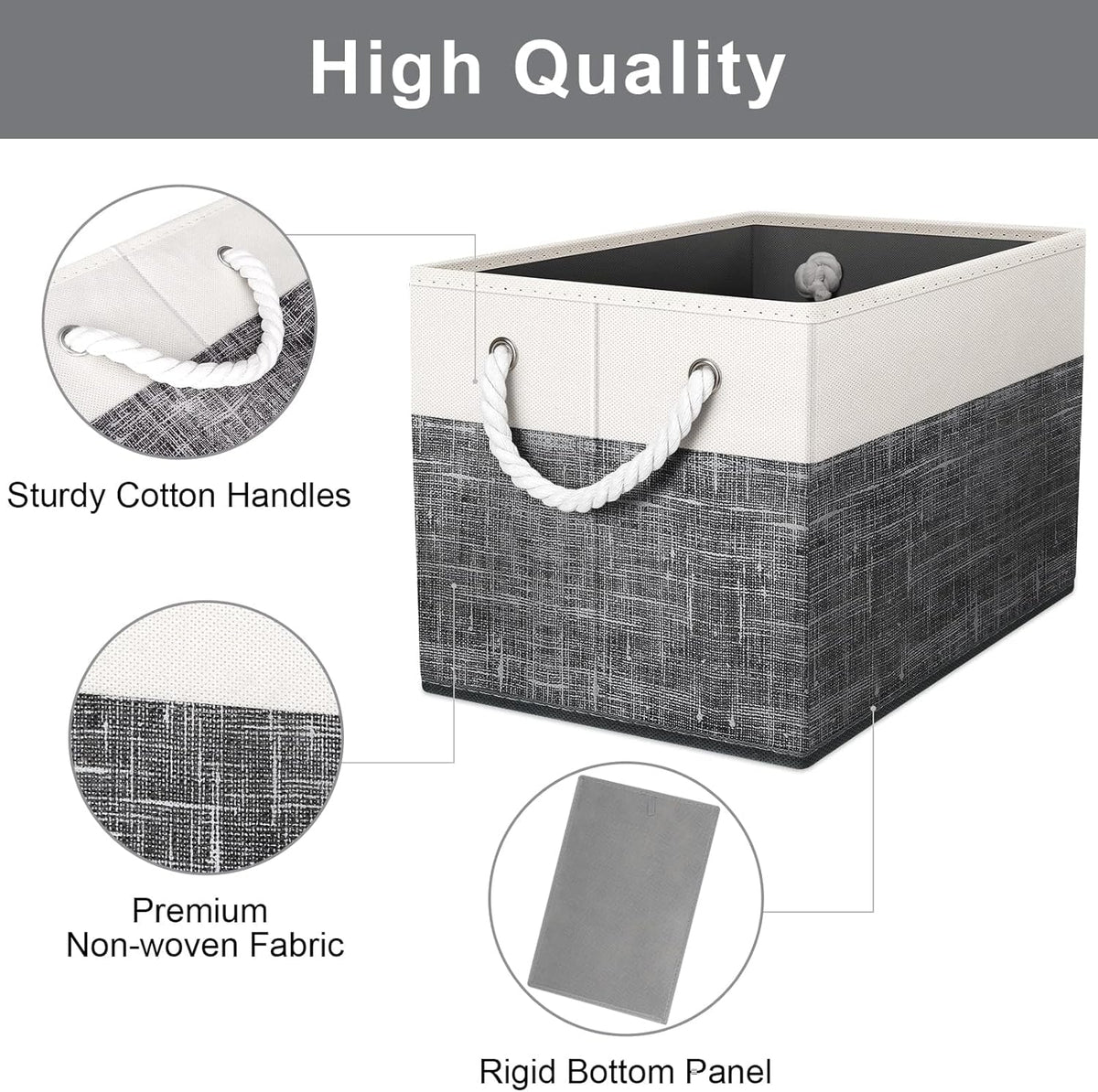 Fab totes Storage Bins, Foldable Storage Baskets for Organizing Toys, Books, Shelves, Closet, Large Storage Box with Rope Handles, Sturdy Organizer Bins, White & Grey