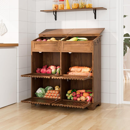 4 Tier Narrow Potato Storage Bin, Tall Wood Potato and Onion Storage Bin with Wheel, Movable Fruit and Vegetable Basket, Food Small Kitchen Pantry Cabinet, Wooden Bread Box, Walnut, Sliding Door