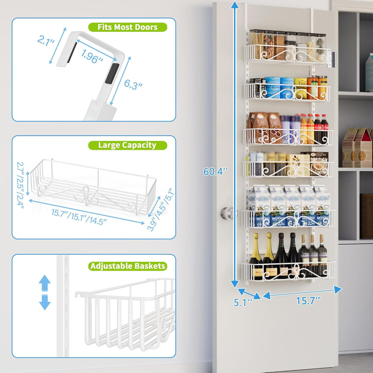 6-Tier Over the Door Pantry Organizer, Pantry Organization And Storage, Hanging Storage Organizer Spice Rack Metal Shelving for Home & Kitchen, Office Laundry Room Bathroom Black