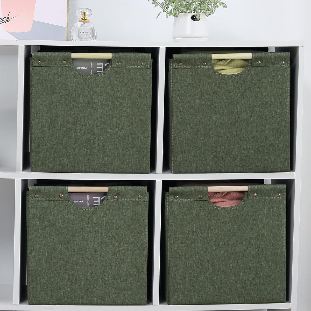 HOONEX Large Collapsible Storage Bins, Linen Fabric, Pack of 2, Storage Baskets with Wooden Carry Handles and Sturdy Heavy Cardboard, for Home, Office, Car, Nursery, Black