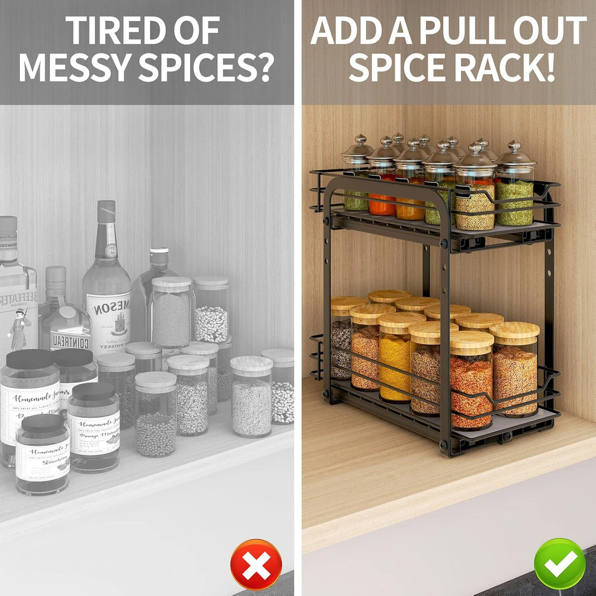 BOIVSHI 2-Tier Spice Rack, Pull Out Cabinet Organizer Spice Racks Height Adjustable Heavy Duty Metal Basket for Inside Cabinets & Pantry Closet(9.5''Wx10.5''Dx9.5''H)