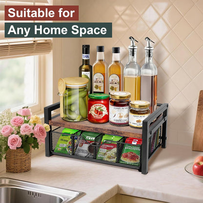 Tea Bag Organizer, Tea Bag Holder Organizer with 8-Compartment Adjustable Drawer, Wood & Metal Tea Box Organizer Chest for Countertop Kitchen, Office
