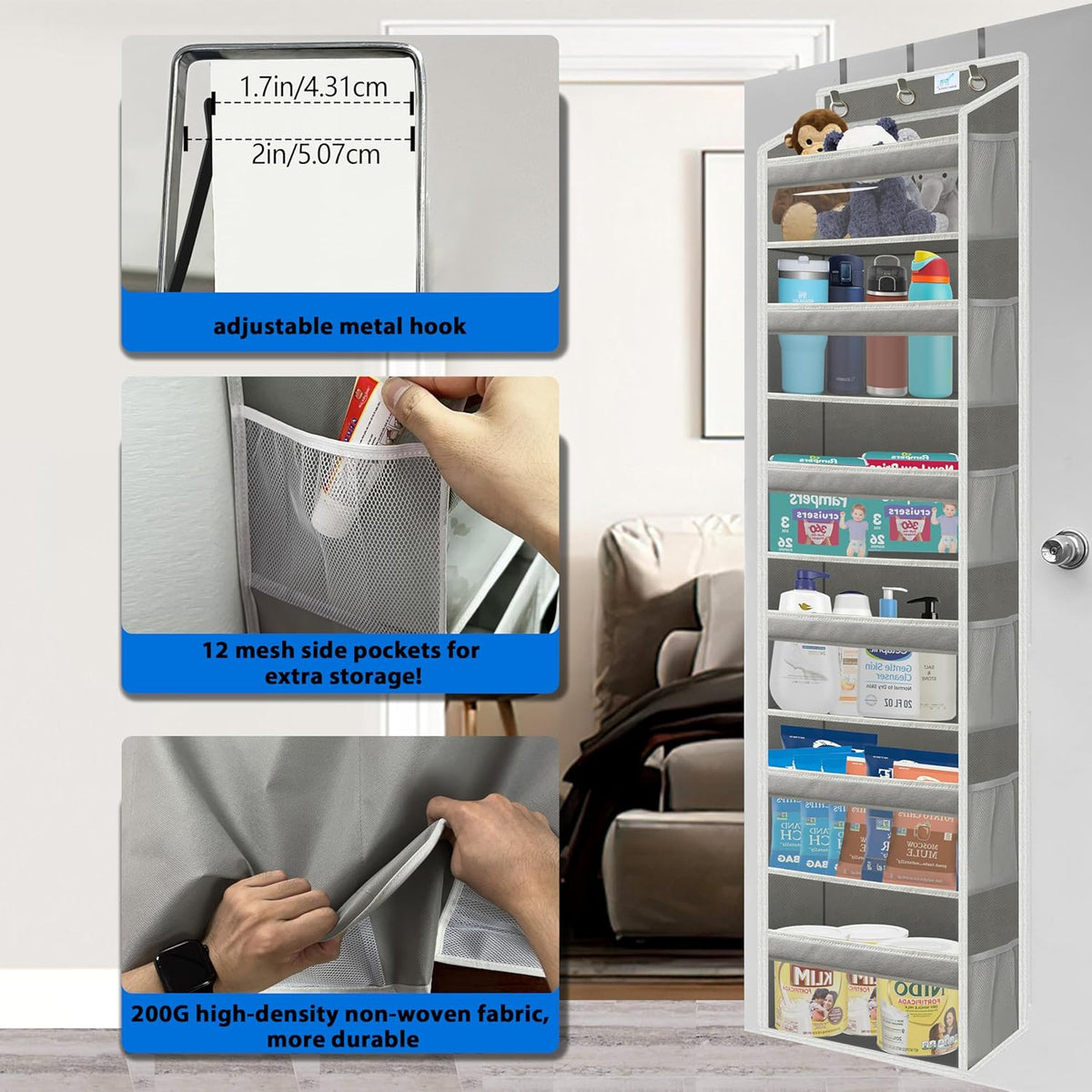 Over the Door Organizer Storage 6 Tier, 12 Large Capacity Side Pockets, Heavy Duty Metal Reinforced Hook Anti Tilt 75 LB Load Behind Door Storage for Bedroom Bathroom Pantry Nursery