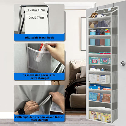 Over the Door Organizer Storage 6 Tier, 12 Large Capacity Side Pockets, Heavy Duty Metal Reinforced Hook Anti Tilt 75 LB Load Behind Door Storage for Bedroom Bathroom Pantry Nursery