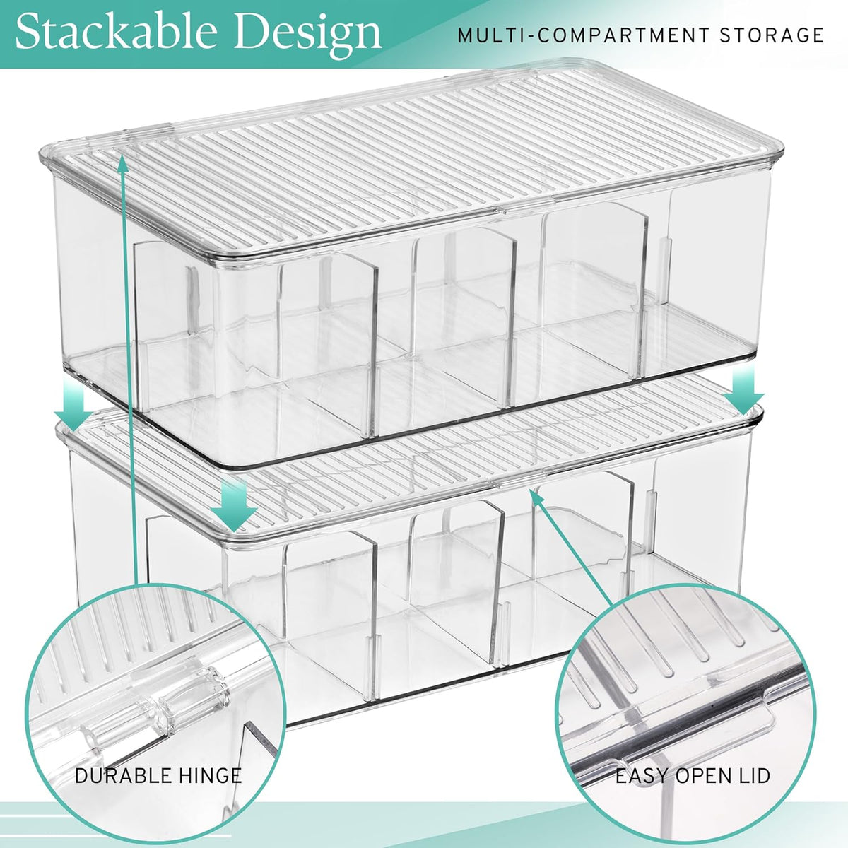 Sorbus 2 Pack Tea Bag Organizer Bins w/Lids & 4 Removable Dividers, Clear Plastic Food Packet Snack Organizer, Stackable Pantry Organization, Kitchen Storage, Fridge Bins, Sturdy Cabinet Organizers