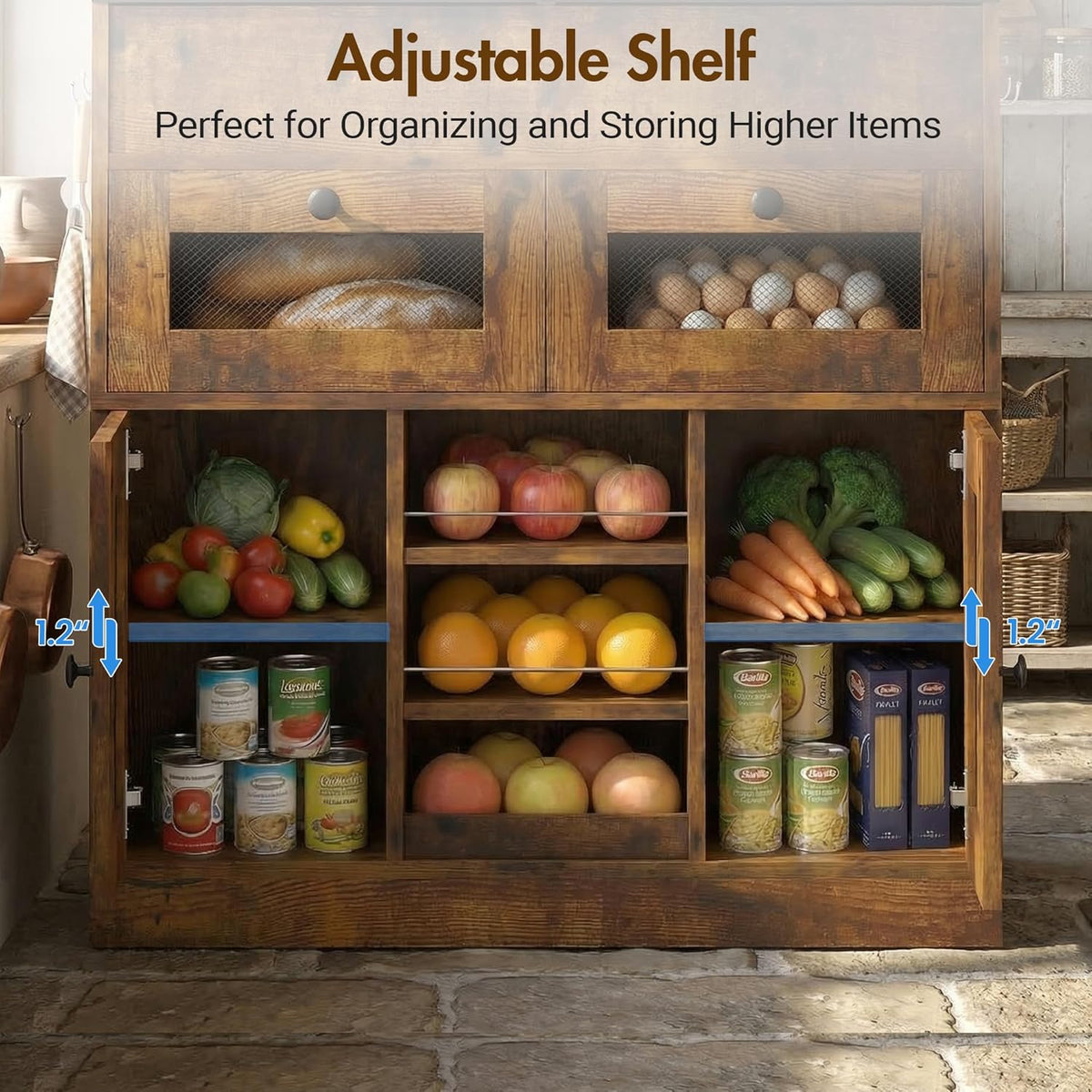Potato and Onion Storage Bin with Lid, Large Potato Bin with Drawer, Multi-Compartment Wooden Fruit & Vegetable Cabinet with Mesh Doors, Rustic Kitchen Organizer for Pantry (16.9")
