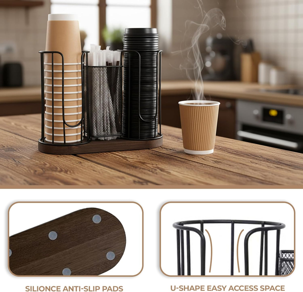 3-Compartment 16oz Coffee Cup & Lid Holder – Countertop Coffee Station Organizer with Wooden Base – Durable Dispenser for Disposable Cups, Lids & Straws