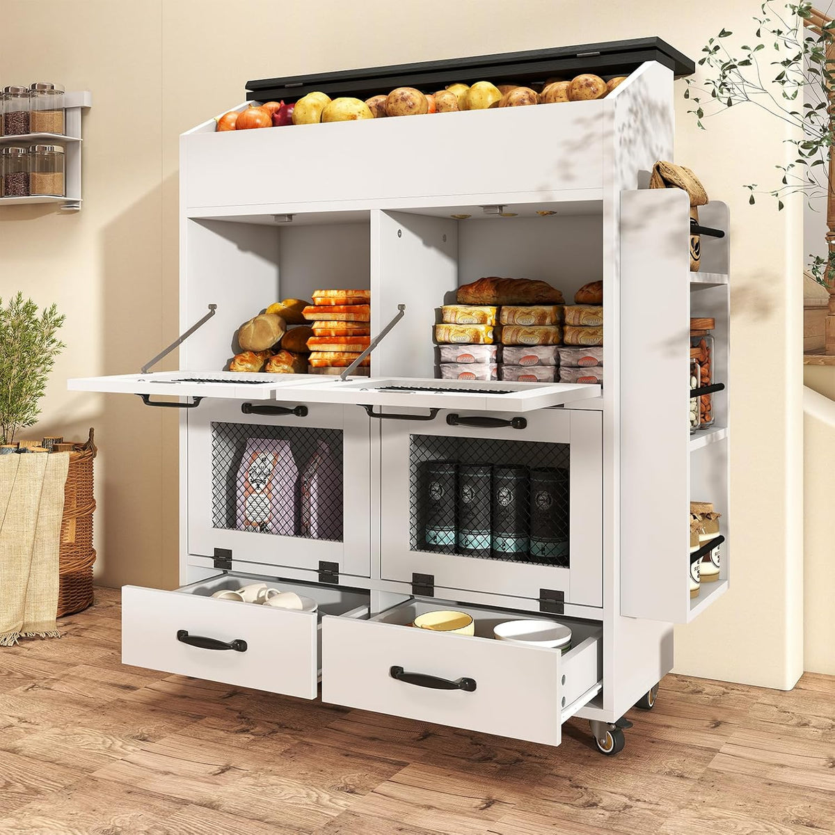 Verano Garden Potato and Onion Storage Bin on Wheels, Wood Bread Box with Lid & Mesh Doors, 4-Tier Rolling Fruit and Vegetable Storage Organizer w/Drawer & Side Rack for Kitchen (Rustic Brown, 16.0")