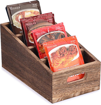 BSTKEY Seasoning Packet Organizer with Handle, Food Packet Storage with 4 Stairstep Compartments, Wooden Storage Caddy for Pantry Cabinet, Farmhouse Kitchen Organization Bin for Snacks Spice Packets