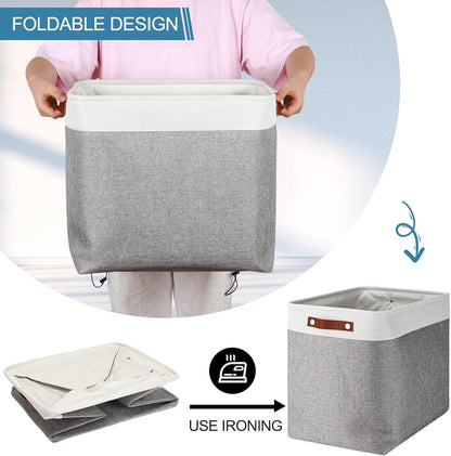 Uiifan 10 Pcs Collapsible Storage Bins Fabric Foldable Storage Basket with Handles Cloth Organizer Linen Shelf Baskets for Shelves Home Closet Nursery Toys(16 x 12 x 10 Inch,Gray and White)