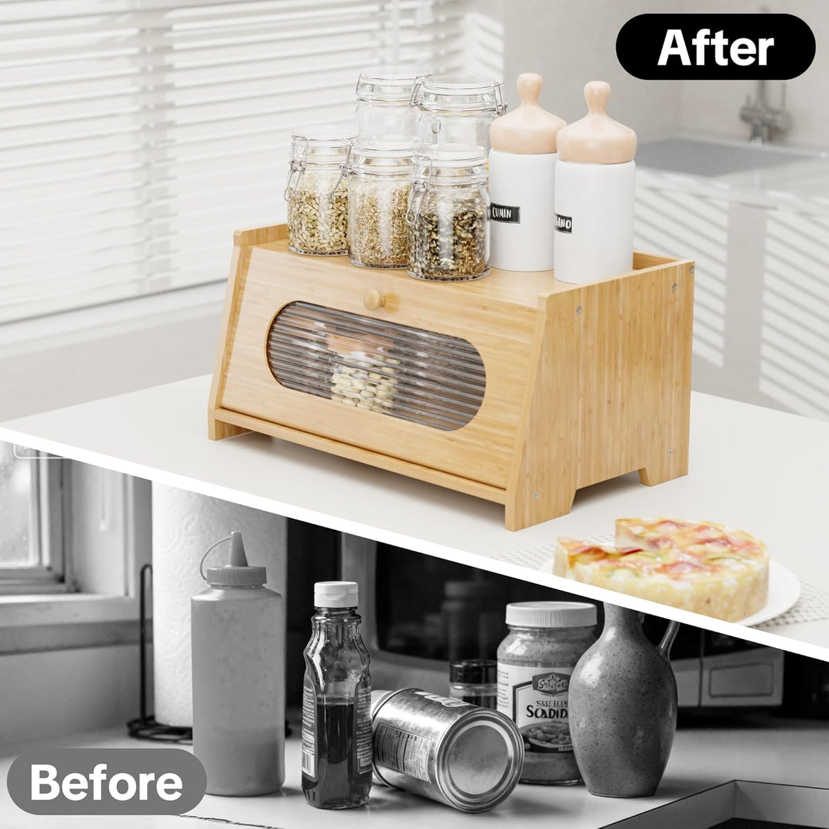Bread Box,Extra Large 2-Tier Bamboo Bread Box for Kitchen Countertop,Bread Storage Container with Magnetic Acrylic Door for Homemade Bread,Under Cabinet,Pantry Organizer(Natural)