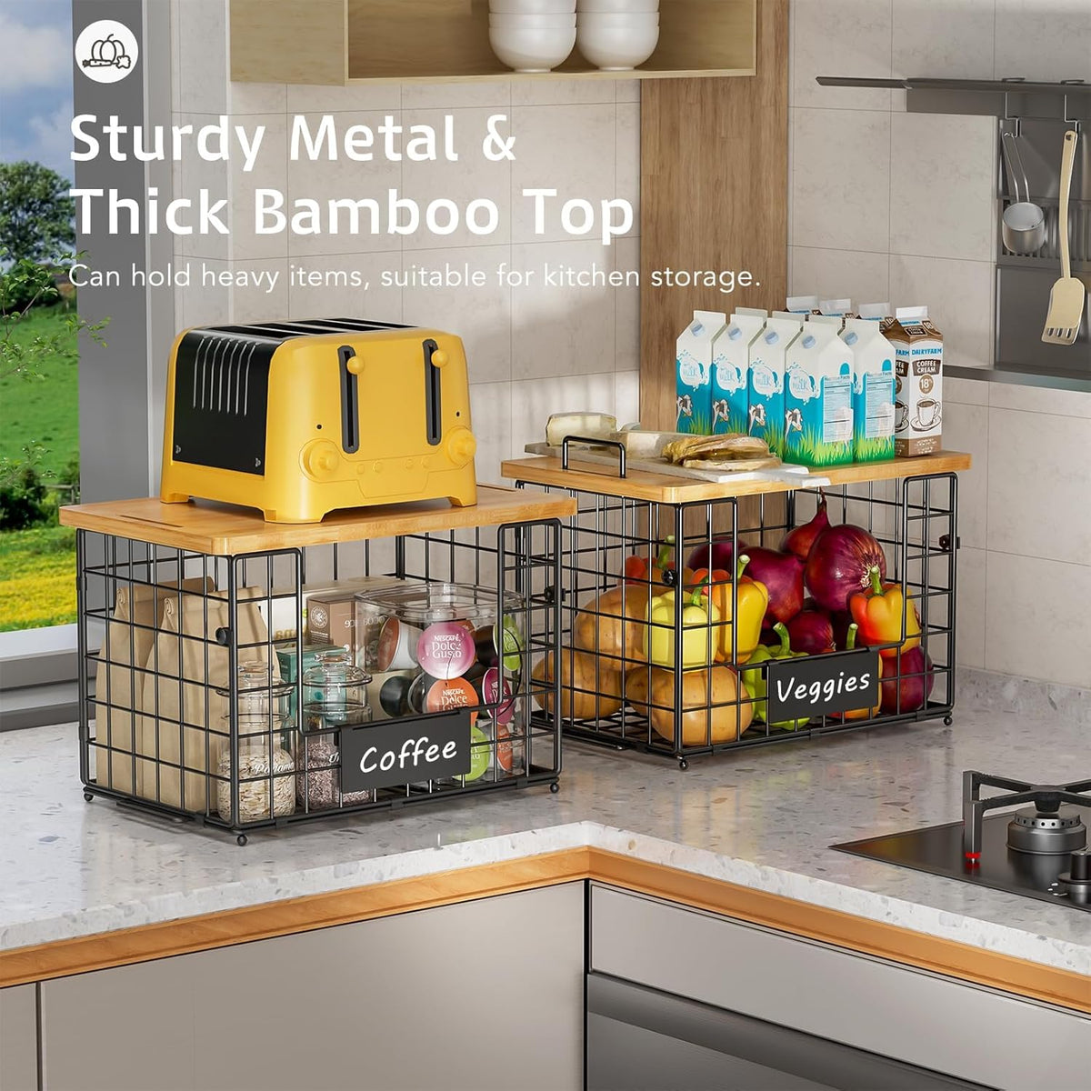 2 Pack Stackable Wire Baskets with Bamboo Top for Pantry Organizers and Storage, XXL Kitchen Organization Counter Basket for Fruit, Vegetable, Produce, Bread, Potato and Onion Storage Bins