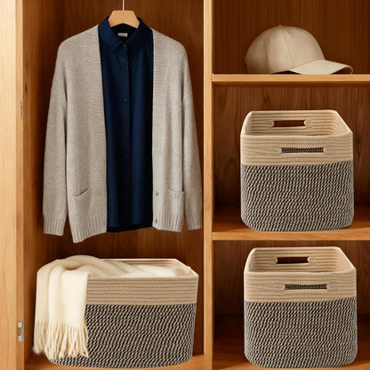 3 Pack Woven Rope Storage Baskets for Shelves,13.5"×11"×9.5" Storage Bins with Handles,Empty Gift Baskets,Nursery Organizer for Toys,Towels,Books,Closet,Living Room,Bedroom (White & Brown)