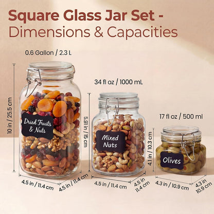 78oz - 3 Pack Square Glass Jars with Airtight Lid, Wide Mouth Mason Jars with Clamp Lids, Air Tight Glass Canisters, Best Food Storage Containers for Flour, Sugar, Cereal, Pasta, Rice, Coffee, Spice