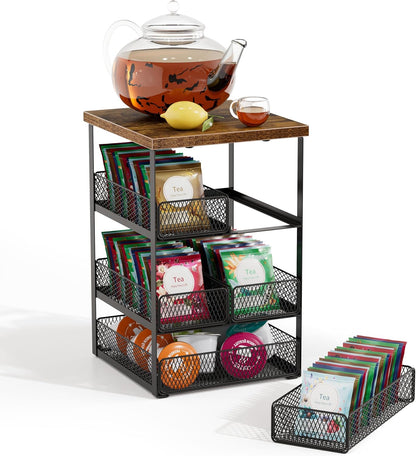 Tea Bag Organizer, 4 Tier Tea Bag Holder with 5 Drawers, Wood and Metal Tea Organizers and Storage Chest for Countertop Kitchen, Office, Brown