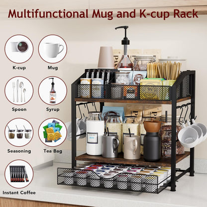 Homsorout Coffee Bar Organizer - Countertop Coffee Station, 42 K Cup holder Storage Basket with Drawer and Hooks for Syrup, Cups, Stirrer, Condiment, Tea Organizer, Black and Brown