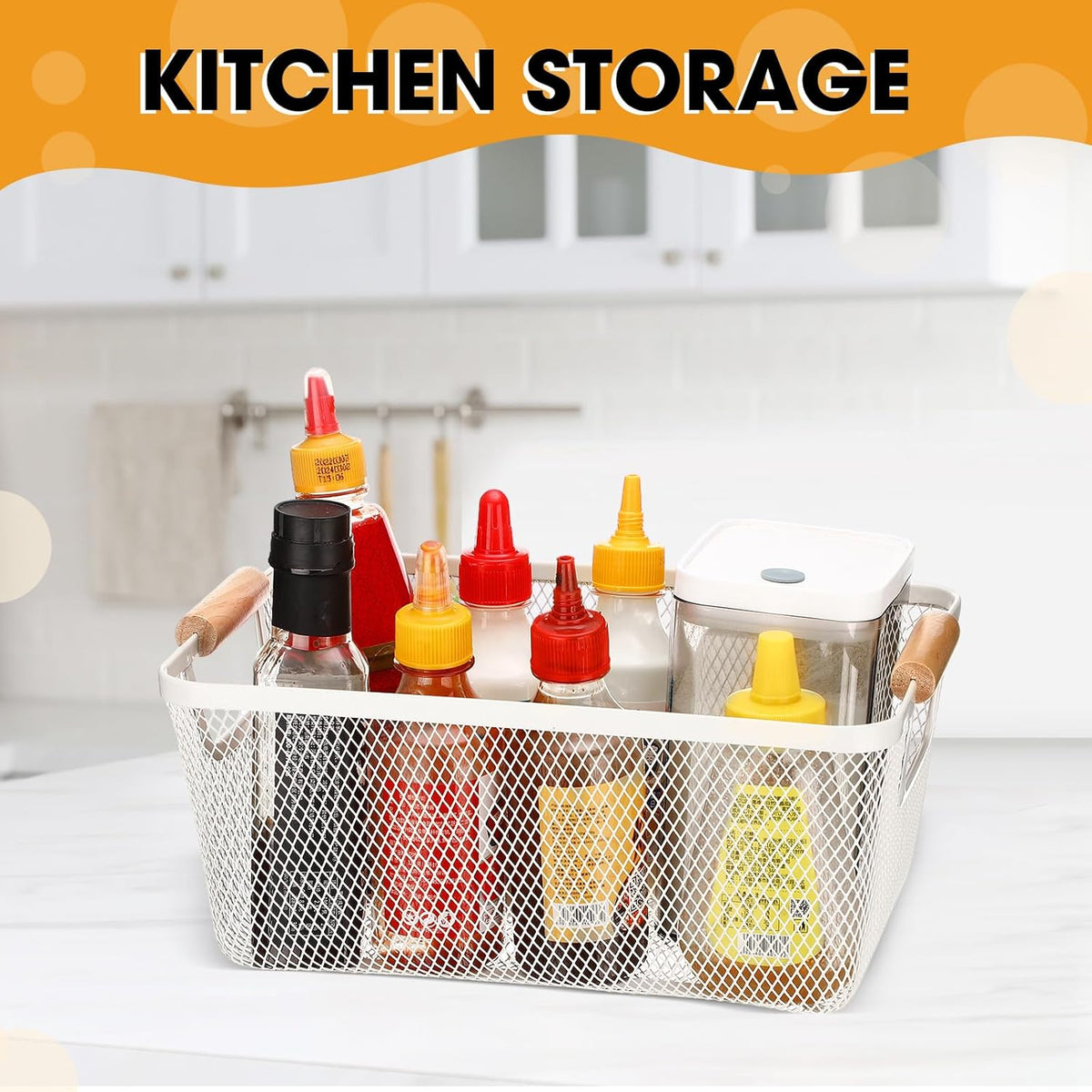 Ziliny 4 Pcs Metal Mesh Wire Baskets with Wooden Handles for Organizing, Pantry Organizers and Storage Steel Bin Kitchen Baskets for Fruit Potato Onion Snacks Bathroom Cabinet(Small,Black)