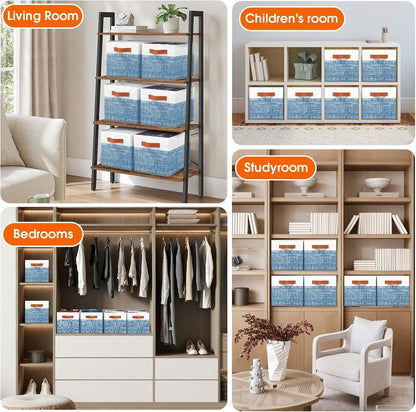 Fab totes Collapsible Storage Baskets for Shelves,14"x10", Foldable Fabric Storage Bins with Double Leather Handles, Large Baskets for Organizing Books, Clothes, White & Grey