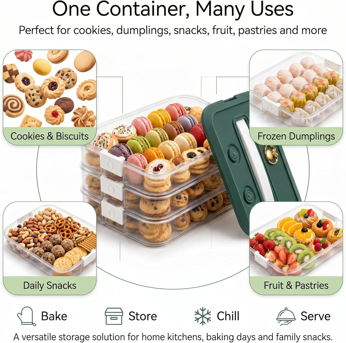 LOEZ 4 Tier Stackable Food Storage Containers, Clear Baked Goods Container for Cookies, Muffins, Macarons and Pizza, Dessert Carrier with Lid (Green)