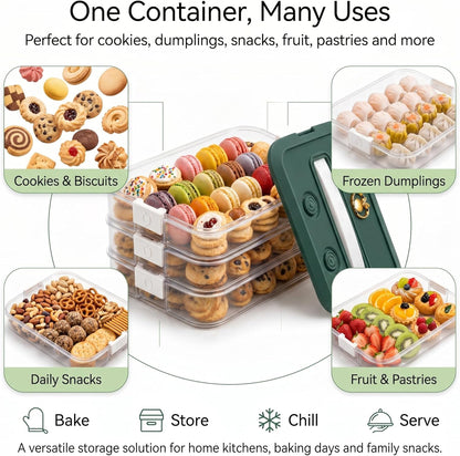 LOEZ 4 Tier Stackable Food Storage Containers, Clear Baked Goods Container for Cookies, Muffins, Macarons and Pizza, Dessert Carrier with Lid (Green)