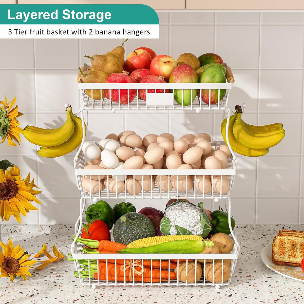 2 Tier Fruit Basket for Kitchen Counter with 2 Banana Hangers, Countertop Metal Bread Basket with Wooden Handle, Large Storage Stand for Vegetables, Snacks, Eggs, Produce Storage – Black